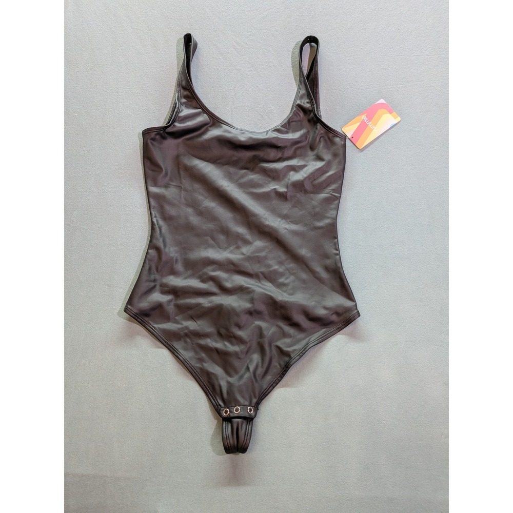 Yummie Rome Faux Leather Bodysuit Black Sleeveless Scoop Neck YT3-188 Small NWT